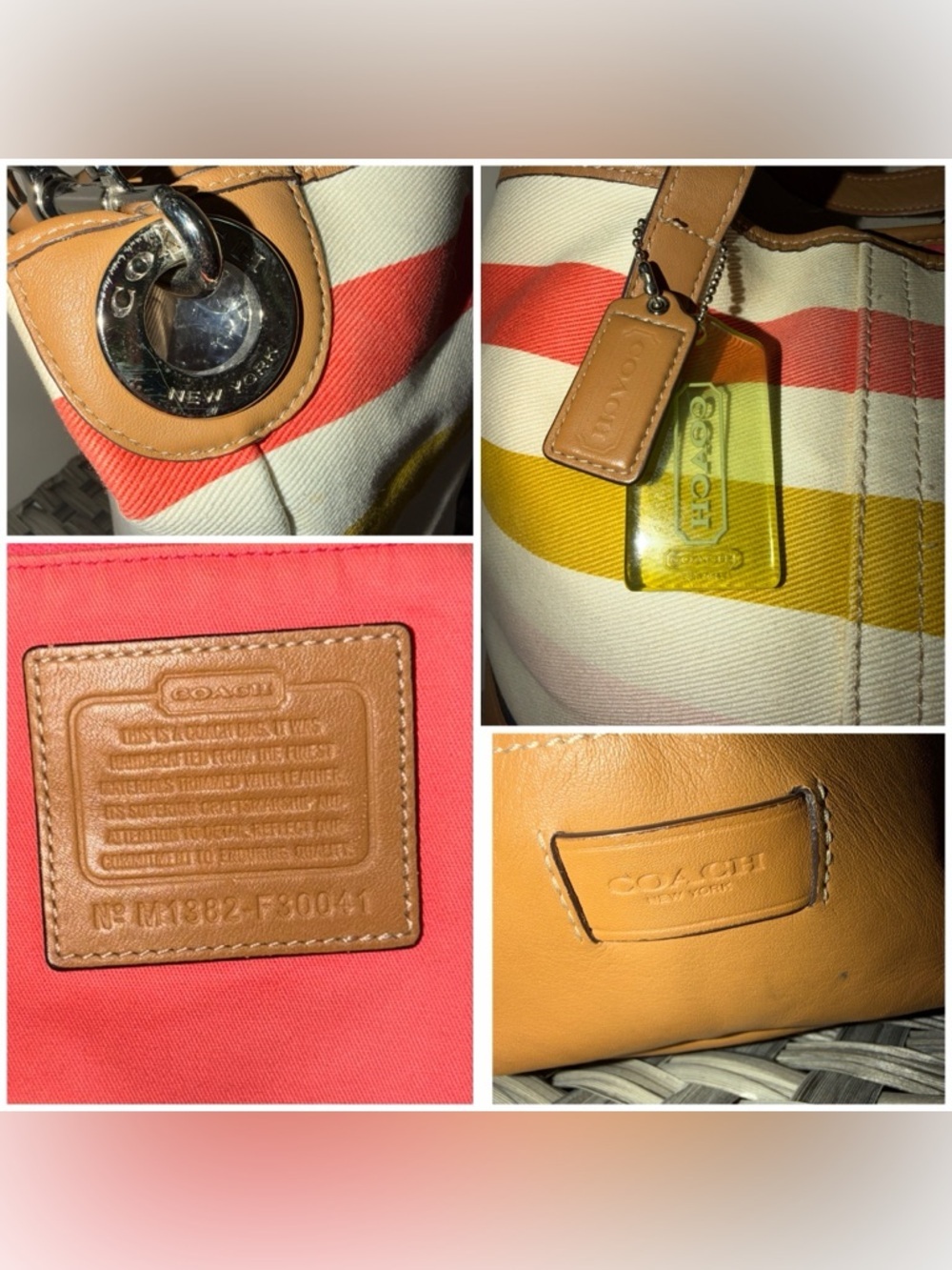Coach Striped Canvas Tote in Coral, Mustard, Navy & Pink with Tan Leather F30041 - Picture 10 of 16